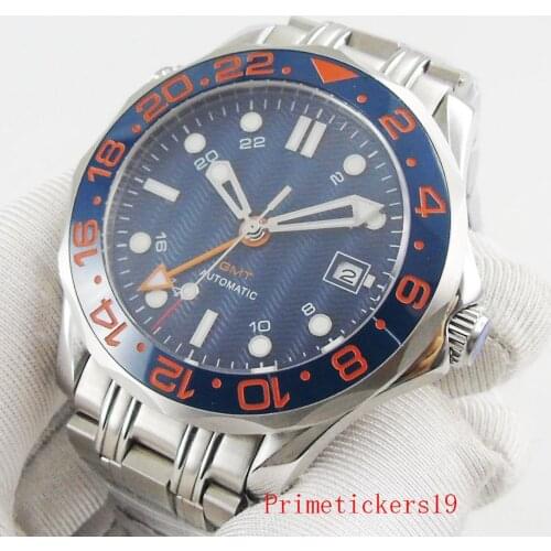 New arrival bliger 41mm blue dial sapphire crystal GMT calendar mechanical automatic men wristwatch with GMT function