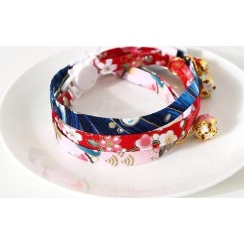 Safety Japanese Style Cat Collar with Hollow Bell Flower Cute Kimono Adjustable Cat Collars for Kitten Puppy Pets