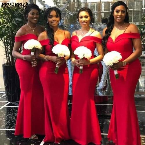 African Red Mermaid Bridesmaid Dresses 2019 New Off The Shoulder Floor Length Long Formal Wedding Gowns Party Dress Custom Made