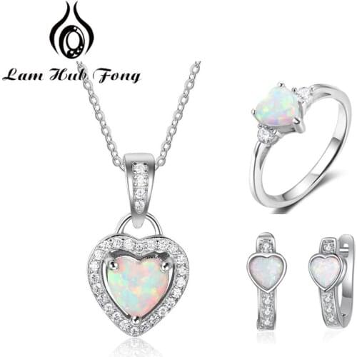 Clear CZ Wedding Jewelry Sets Cute Heart Shape Opal Jewelry 925 Sterling Silver Rings Necklaces Hoop Earrings Accessories Gifts