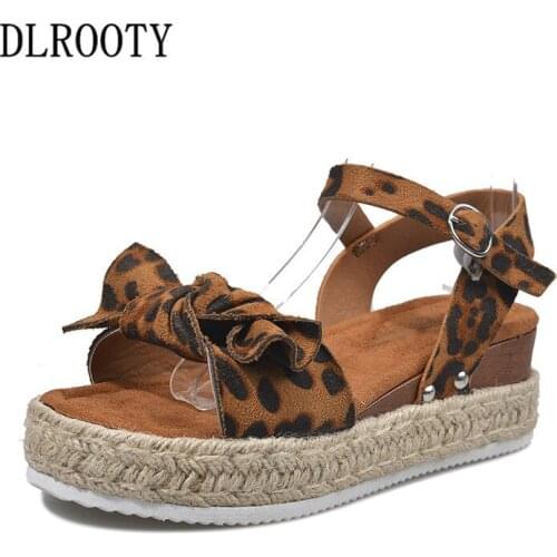 Women Sandals Flat Shoes Summer Fashion Leopard Butterfly-knot Wedges Platform Peep Toe Breathable Casual Female Plus Size 35-43