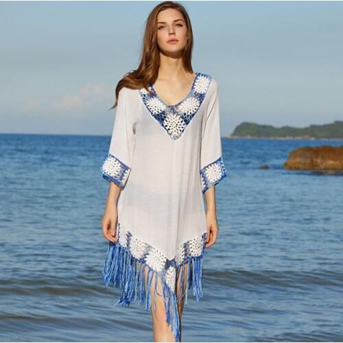Sexy Women Beach Dress Cover up Crochet Swimsuit Cover Ups Robe Swimming Beachwear Long Tassel Swim Cape for Woman Tunic Dresses