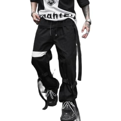 Nightclub DJ singer punk rock ribbons cargo pants black white patchwork harem pants mens vintage casual sweatpants joggers