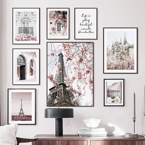 Nordic Paris Tower Posters And Prints Window Door Pink Flower Canvas Painting Wall Art Quote Pictures For Living Room Home Decor