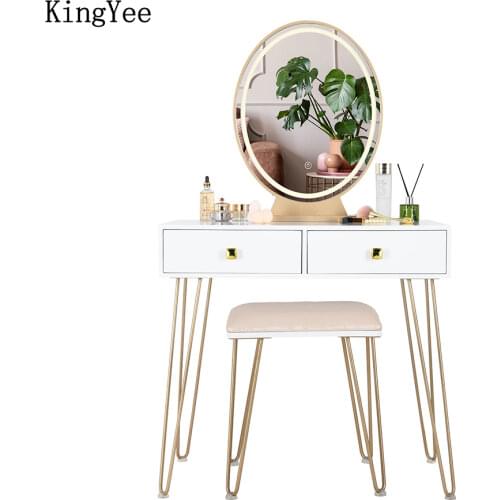 KingYee Vanity Desk Modern Dresser Table LED Mirros Household Bedroom Dressing Table Density Board Makeup T able With Mirror