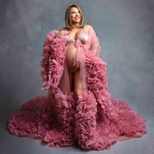 YEWEN Organza Ruffles Hot Pink Maternity Dress Fancy Photography Props Dresses Long Sleeves Pregnancy Dress Photo Shoot