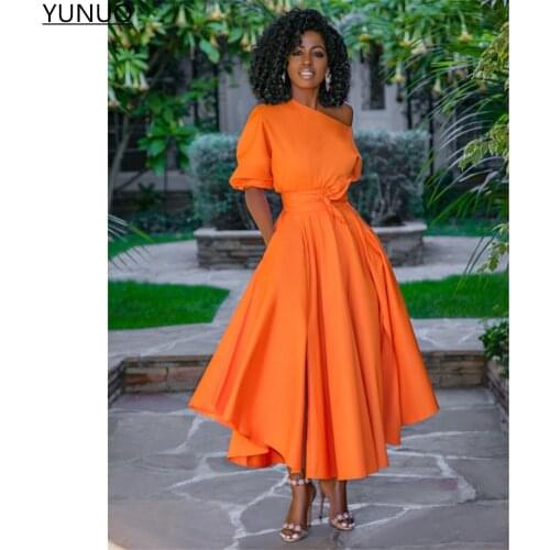 YUNUO Orange A-line Prom Dresses Off Shoulder Short Sleeves robes de cocktail Party Evening Gowns with Pockets Midi Formal Dress