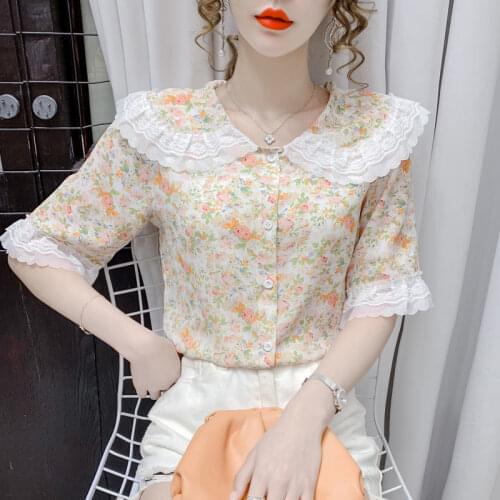 Lace Doll Collar Floral Chiffon Shirt 2021 Summer New Korean Super Fairy All-match Short Sleeve Top Women