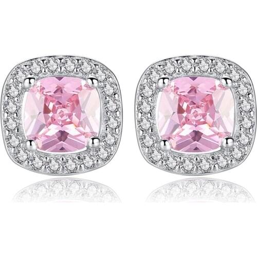 Womens Classic Wedding Stud Earrings Dazzling Micro Crystal Pave Pink Square Zircon Romantic Tiny Earring Piercing Jewelry Gift