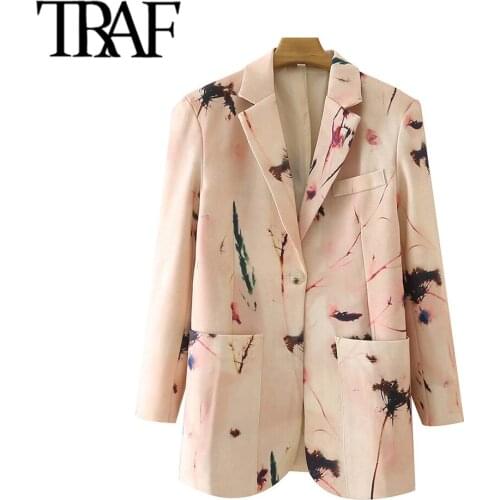 TRAF Women Fashion Single Button Printed Blazer Coat Vintage Long Sleeve Pockets Female Outerwear Chic Veste