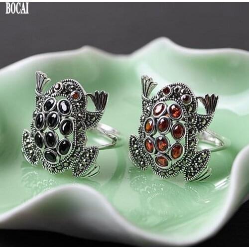 BOCAI Real Pure S925 Silver Jewelry 2021 Trend retro Fashion Inlaid Zircon Marxite Gold Toad Woman Ring