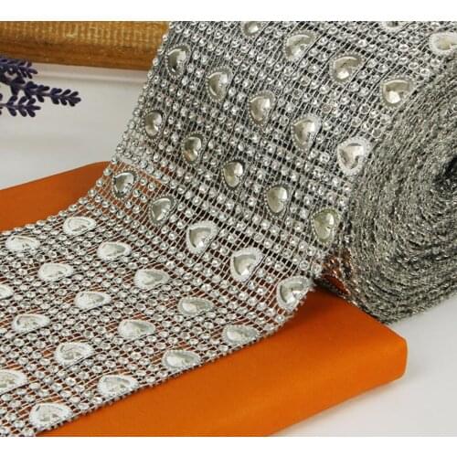 10Yard Silver Heart Rhinestone Bendable Mesh Wrap Roll Trim For Sewing Apperal Bag Shoes Cap Party Holiday Venue Decoration