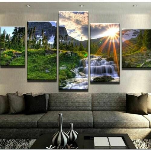 No Framed Sunlight In Valley Waterfall 5 Panel Canvas Picture Print Wall Art Canvas Painting Wall Decor for Living Room
