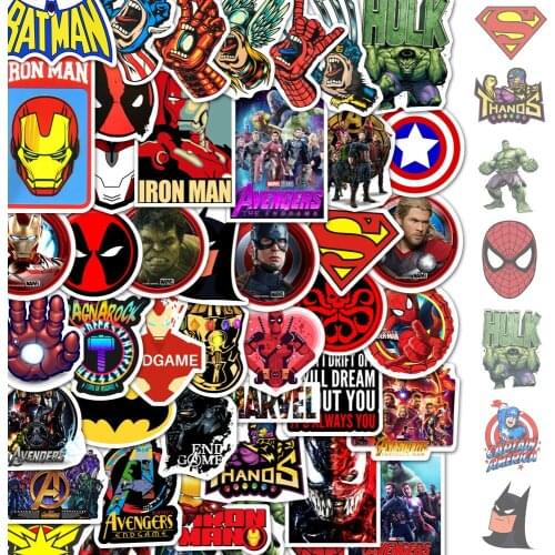 50pcs Cartoon Marvel Stickers Cool The Avengers Waterproof Luggage Laptop Skateboard Guitar Stiker Kid Toy