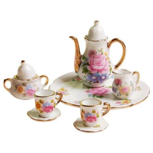8pcs Dollhouse Miniature Dining Ware Tea Set Dish Cup Plate Pink Rose Classic Pretend Play Kitchen Toys Creative Gifts for Girls