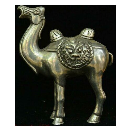 9" Chinese Silver Fengshui Animal Camel The Ship Of The Desert Beast Face Statue