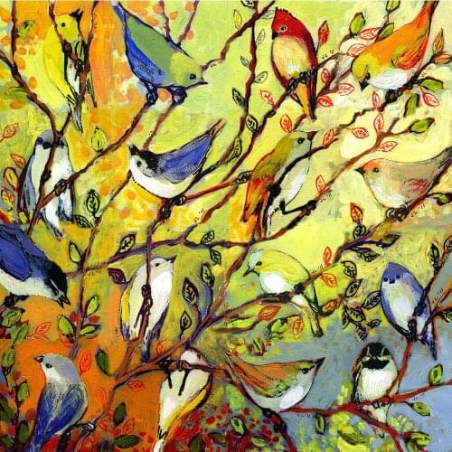 Canvas art abstract painting 16 birds decorative oil painting modern colorful animal picture for childrens room hand painted