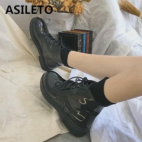 ASILETO Winter Women M Ankle Boots Strap Up Patent Leather Square Heel Comfort Casual Shoes Platform Lady Black Warm Fur S2193