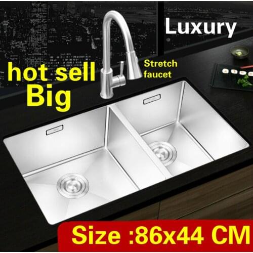 Free shipping Apartment food grade 304 stainless steel luxury big kitchen manual sink double groove hot sell 86x44 CM