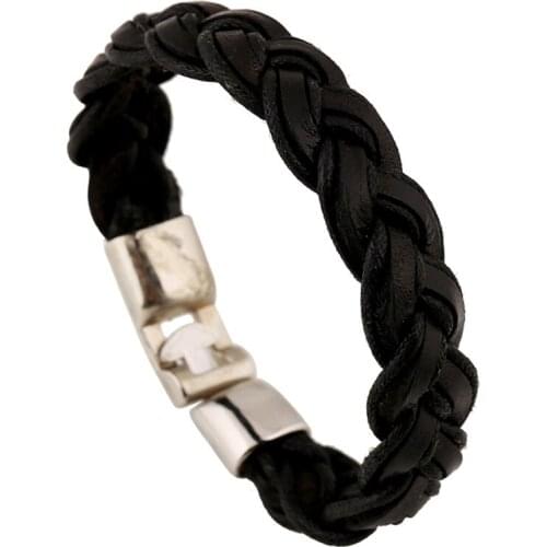 Handmade Woven Retro Casual Vintage Alloy Cuff Black Genuine Leather Men Bracelets For Women Homme Femme Men Jewelry