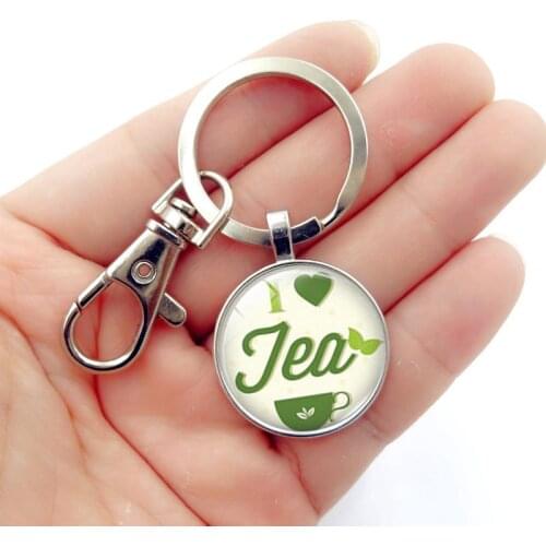 WG 1pc Summer Sun Tea Time Gem&stone Cabochon Keychain Creative Metal glass ball Keyring For women Car Key Chain Bag Pendant