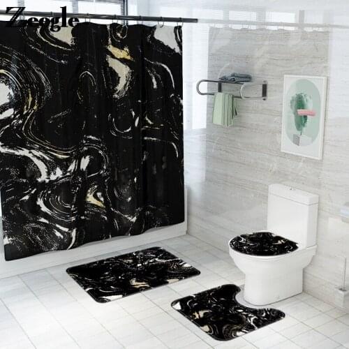 Black Marble Home Decor Bath Mat and Waterproof Shower Curtain Set Toilet Rugs Set With Shower Curtain and Hoods Shower Foot Pad