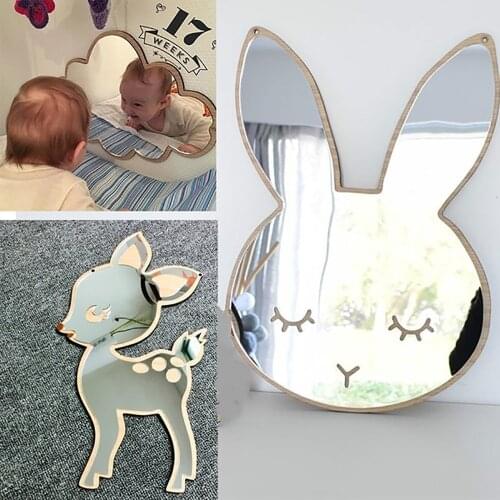 Nordic Cartoon Decorative Mirrors Bathroom Baby Room Rabbit Wood Acrylic Mirror Frame Creative Home Art Wall Decorations Decor