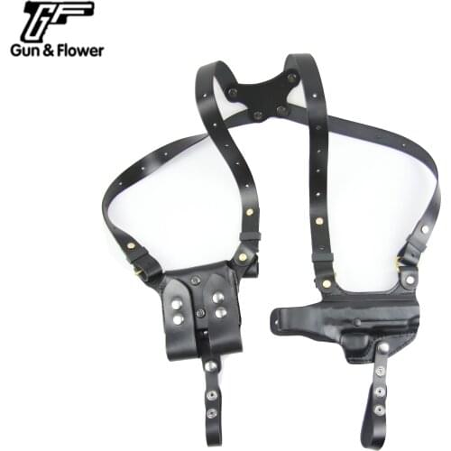 Gun&Flower Glock 17/22/31 G19/23/32 Leather Holster with Double Mag Pouch Thumb Release Pistol Holder