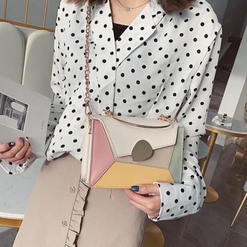 Korean Lady Patchwork Hasp Chains Metal Tote Bag Contrast Color PU Leather Handbag Messenger Bag Wide Strap Crossbody Bags