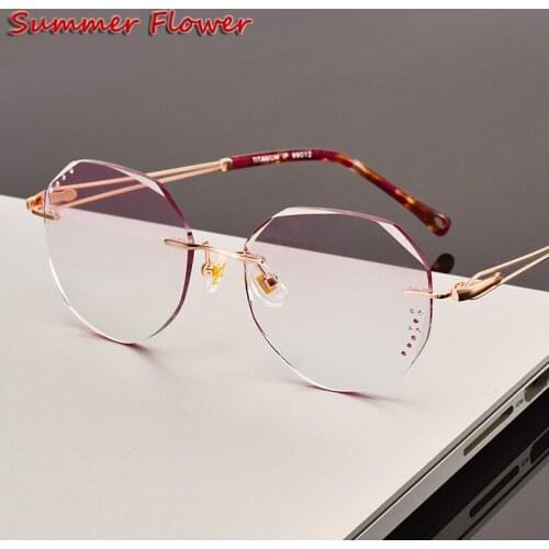 Chashma Titanium Fashion Female Eye Glasses Gray Red Lens Diamond Trimmed Rimless Spectacle Frames Women Sunglasses Tint Lenses