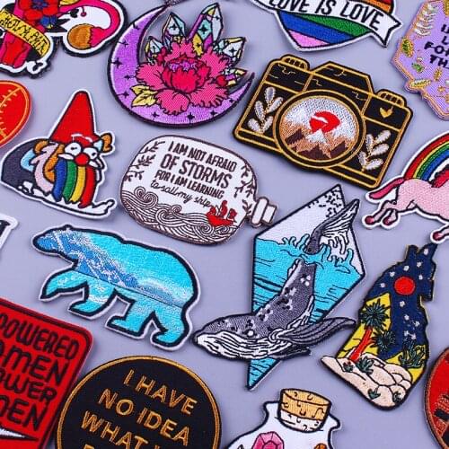 Cartoon Patch Wave Whale Bear Embroidery Patch Iron On Patches For Clothes Hippie Letter Camera Embroidered Patches For Clothing