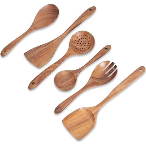 New 6Pcs Wooden Spurtles Set,Natural Teak Kitchen Utensils Set, Kitchen Tools Nonstick Cooking Set for Stirring,Serving