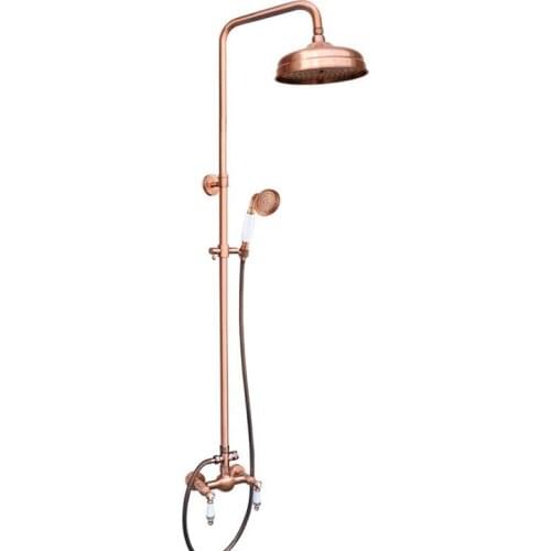 Antique Red Copper Wall Mounted Rainfall Bathroom 8" inch Round Rain Shower Faucet Set Dual Ceramic Handle Mixer Tap arg554