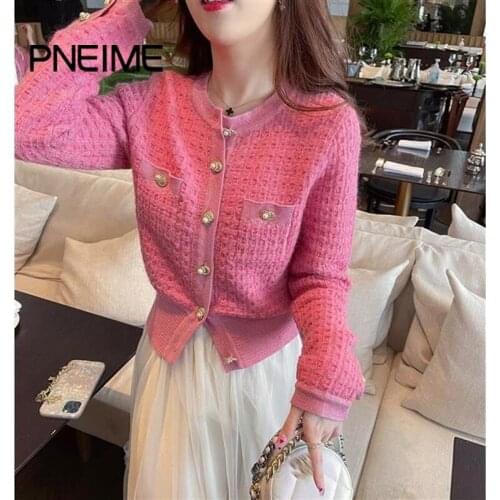 PNEIME New Woman French Round Neck Pink Knitted Cardigan Fashion Retro Short Sweater Coat Woman Gentle Temperament Slim Top