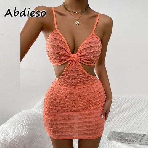 Abdieso Sleeveless Cut Out Mini Bodycon Dress 2021 Orange V Neck Backless Club Party Dresses Sexy For Women Festival Clothes