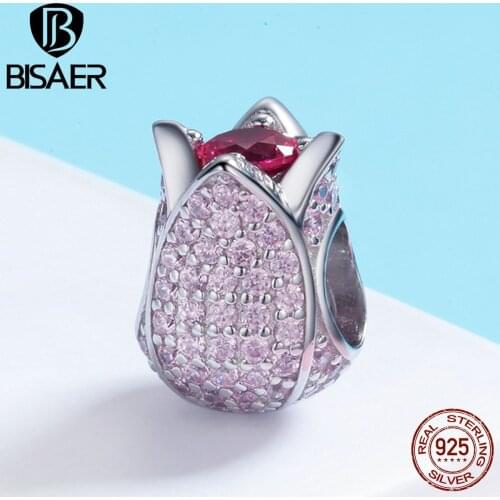 Genuine 100% 925 Sterling Silver Pink CZ, The Tulip Flower Petals Beads Fit Charms Silver 925 Original Bracelet Necklace