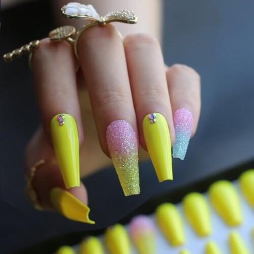 Luxury Extra long coffin UV fake nail ombre glitter nude yellow false nails press on nails Color mixing design nails