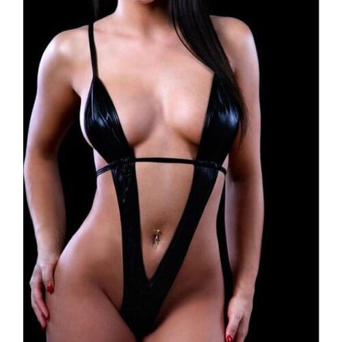 Sexy Lingerie PU Leather Bodysuit Sleeveless Deep V-Neck Stretch Leotard-Jumpsuit Top Vest Couples Flirting Clothes Adult Games