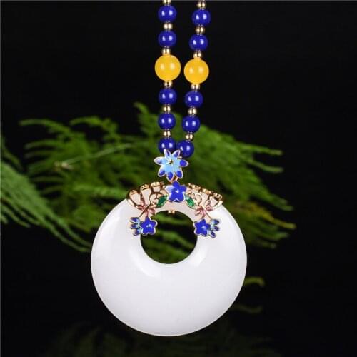 925silver xinjiang Hetian jade Cloisonne Peace Necklace Pendant Long style retro pendant