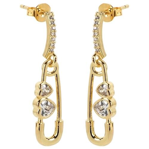 White Clear CZ Safety Pin Earring Heart New Design Jewelry For Women Lady Gift Gold Filled Simple Multi Piercing Earring