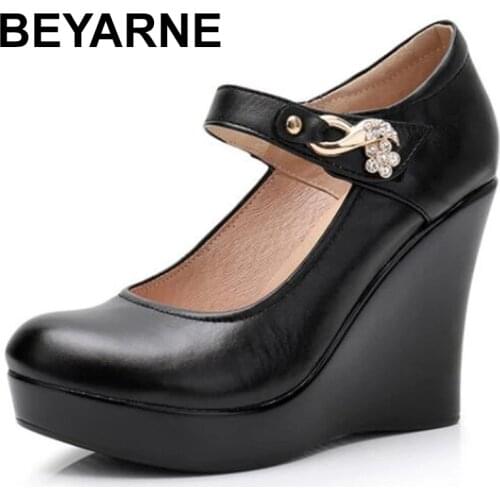 BEYARNE2021 Spring Autumn Genuine Leather Womens Fashion High Heels Pumps Wedges Black Color Female Platform Shoes Large size