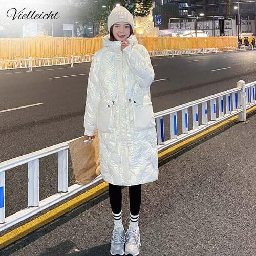 Vielleicht 2021 New Thicken Hooded Winter Jacket Women Parkas Long Coat Casual Glossy Warm Colorful Sequins Winter Coat Women