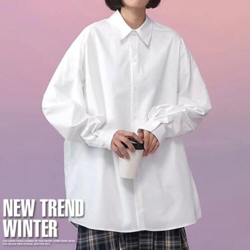2021 Long sleeve Shirt Women White Turn Down Collar Basic Casual Teen Gril Oversize Shirt Women Loose Blouse
