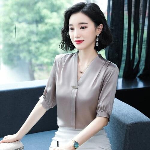 Women Silk Shirt Female Summer Short-sleeved V Collar Office Ladies Blouse Tops Pure Color Casual Fashion Work Clothes H9150