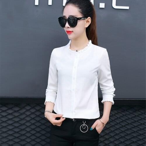 Womens Spring Autumn Style Chiffon Blouse Shirt Womens O-neck Button Solid Color Slim Casual Tops DD8352