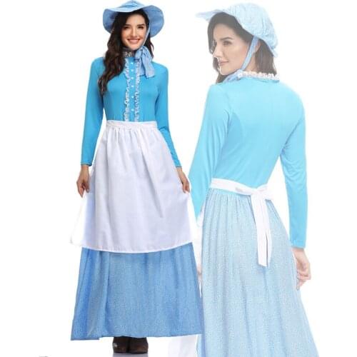 Women Halloween Idyllic Farm Apron Maid Costume California Costumes Womens Pioneer Cosplay Blue Fancy Dress Plus Size