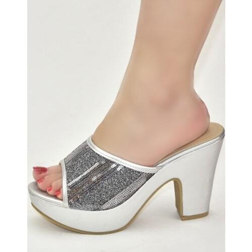 2021 African Woman Pumps Shoes High Heels Silver Slippers With Sequins Schoenen Vrouw Zapatos De Mujer 222-11 Height 10.5cm