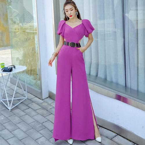 Women 2021 Summer Elegant Office Jumpsuits Female Short Sleeve V-neck Long Wide Leg Overalls Ladies Casual Chic Jumpsuits S182