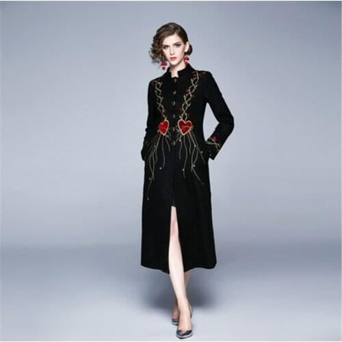 2019 Autumn Winter High-end Women Wool Long Coat Elegant Women Long Sleeve Single-breasted Retro Golden Embroidery Slim Coat