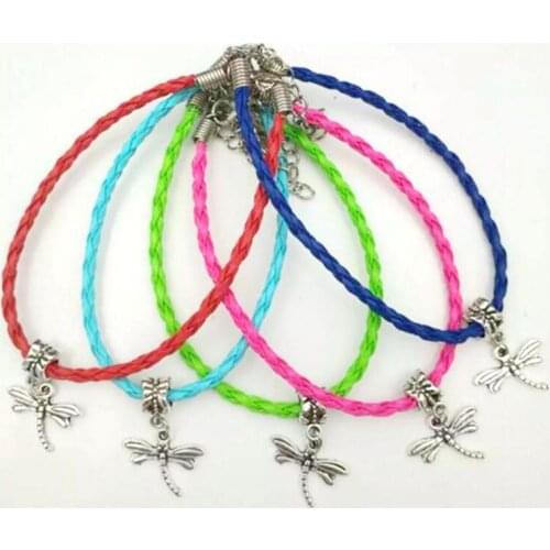 20pcs Lovely Dragonfly Bracelets Multicolor Braided Rope PU Leather Cords Bracelets&Bangle Unique Gifts Jewelry